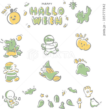 アイコン　手描き　ハロウィン　あしらい　飾り　かわいい　シンプル　イラスト素材セット 105777842