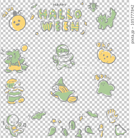 アイコン　手描き　ハロウィン　あしらい　飾り　かわいい　シンプル　イラスト素材セット 105777842