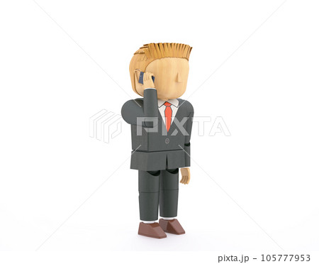 木製人形風3DCGイラスト　スーツの男性　スマートフォン電話 105777953