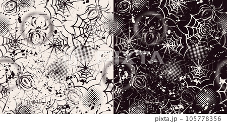 Grunge pattern with spiders, spiderweb, halftone Grunge pattern with spiders, spiderweb, halftone 105778356