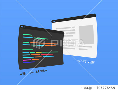 Comparison and difference in how search engine crawler spider bot and user sees web page. Crawler bot scans website as code, ignoring graphic styles and scripts Comparison and difference in how search engine crawler spider bot and user sees web page. Crawler bot scans website as code, ignoring graphic styles and scripts 105778439
