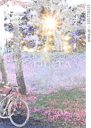 パステル調　”夕陽差し込む公園に置かれた自転車　乗り物イメージ”　イラストイメージ 105779225