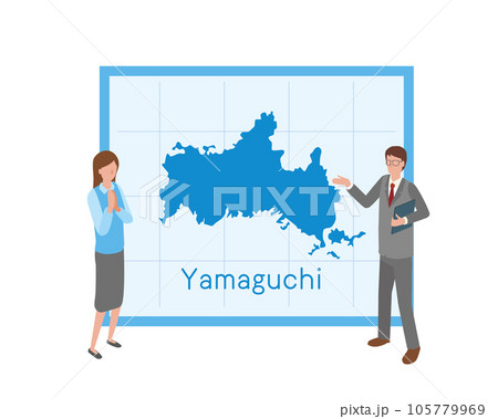 山口県の地図を見て話すビジネスマン 山口県の地図を見て話すビジネスマン 105779969