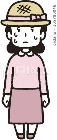 麦わら帽子をかぶって正面を向いて汗をたくさんかいている女性の全身イラスト 105780046