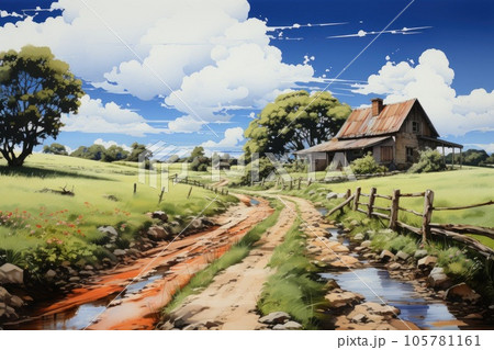 Lonely country house in a meadow by a dirt road. Illustration of a rural scene Lonely country house in a meadow by a dirt road. Illustration of a rural scene 105781161