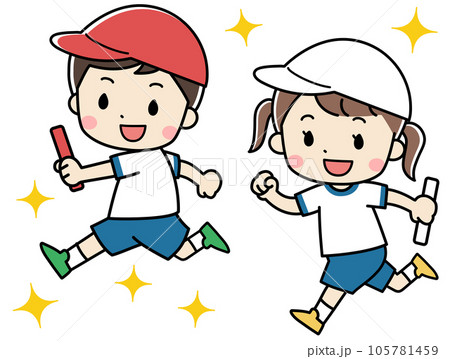 リレーでバトンを持って走る子供達のイラスト リレーでバトンを持って走る子供達のイラスト 105781459