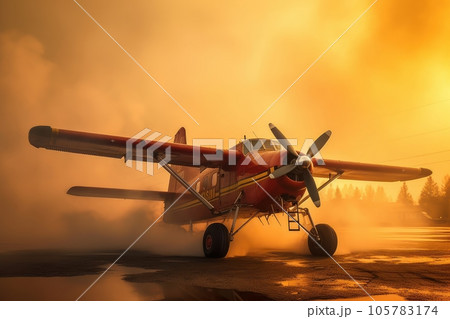 Rescue aircraft taking off for firefighting mission. Air tanker extinguishes fire by dumping water on burning forest. Orange glow of fire on the backdrop. Protection of forests concept. 3D rendering. 105783174