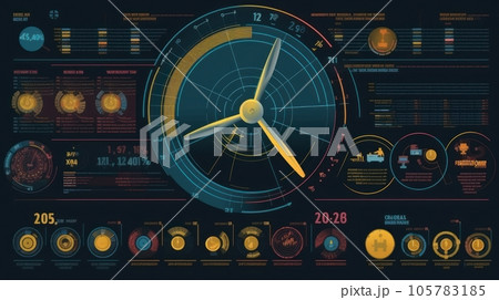 Graphic image of wind generator and detailed colored diagram of energy production and use. Sustainable wind energy process. Virtual data technology. Green energy production. Mockup, illustration. 105783185