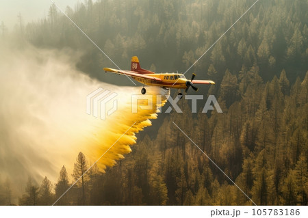 Rescue firefighting aircraft extinguish a forest fire by dumping water on a burning coniferous forest. Saving forests, fighting forest fires. Bird's-eye view, pine forest backdrop. 3D rendering. 105783186