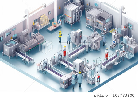 3D mockup illustration of contemporary high-tech production workshop. Facility with modern industrial machinery and conveyors. Manufacturing process: pharmaceutics, semiconductors, biotechnology. 105783200