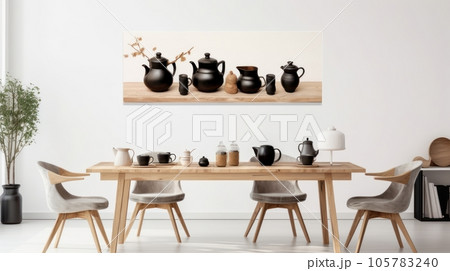 Stylish open space dining room interior in a modern apartment. Wooden table with design chairs, tableware, poster on the wall, green plant in floor pot, home decor. Mockup, 3D rendering. 105783240