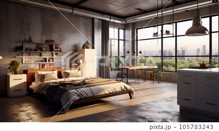 Luxury loft style studio apartment with a free layout in dark colors. Stylish modern kitchen, cozy bedroom area, floor-to-ceiling windows with stunning city view. 3D rendering. Luxury loft style studio apartment with a free layout in dark colors. Stylish modern kitchen, cozy bedroom area, floor-to-ceiling windows with stunning city view. 3D rendering. 105783243