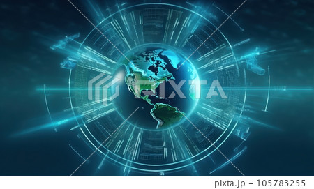 Graphic image of planet Earth on the background of energy production and use diagram. Sustainable wind energy process. Virtual data technology. Green energy production. Mockup, illustration. 105783255