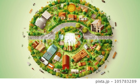 Sketchy 3D image, symbolizing the circular nature and interrelation of economic development. Habitation, energy, industry, science, recreation, transportation, recycling. Mockup, green background. Sketchy 3D image, symbolizing the circular nature and interrelation of economic development. Habitation, energy, industry, science, recreation, transportation, recycling. Mockup, green background. 105783289