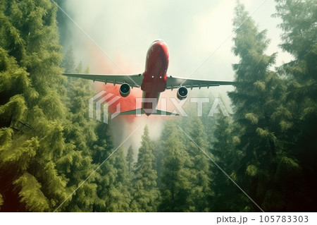 Rescue firefighting aircraft extinguish a forest fire by dumping water on a burning coniferous forest. Saving forests, fighting forest fires. Bottom up view from the ground. 3D rendering. 105783303