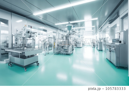 Contemporary drug production workshop interior. Spacy bright sterile room, facility with modern industrial machinery. Manufacturing process: pharmaceutics, semiconductors, biotechnology. 3D rendering. 105783333