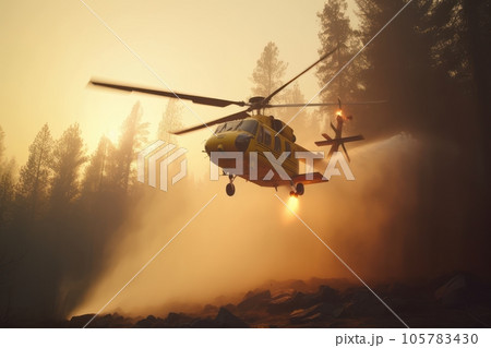 Rescue helicopter extinguishes a forest fire by dropping a large amount of water on a burning coniferous forest. Saving forests, fighting forest fires. Low angle view from the ground. 3D rendering. 105783430