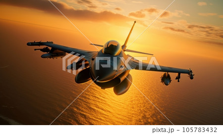 F-16 air force fighter flying over the ocean, beautiful sunset over horizon on the background. Jet military aircraft patrols territory, makes a training flight. Close up aerial view. 3D rendering. 105783432