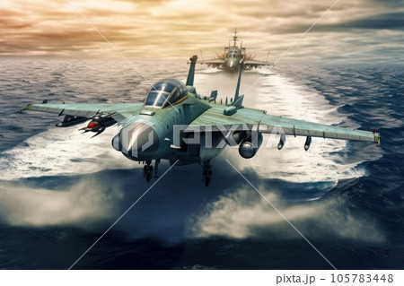 Group of air force fighters flying over the ocean at low altitude, beautiful sky on the background. Jet military aircraft patrols territory, makes training flight. Close-up aerial view. 3D rendering. 105783448