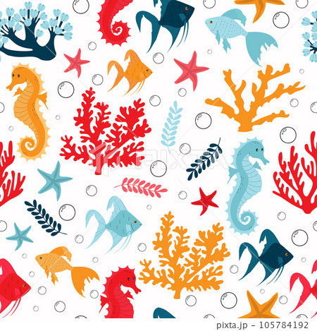 Seamless pattern with corals and cute sea inhabitants, seahorses, fishes and starfish. 105784192