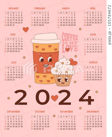 Cool annual calendar 2024 Cute romantic couple coffee paper cup and cream cupcake. Vector vertical template 12 months in English. Week starts on Sunday. Cool Stationery coffee lover. Coffee is my love 105784672