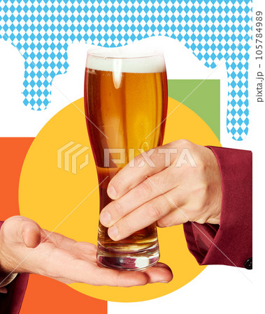 Glass with foamy, lager, chill beer against abstract background. Traditional taste. Contemporary art collage. 105784989