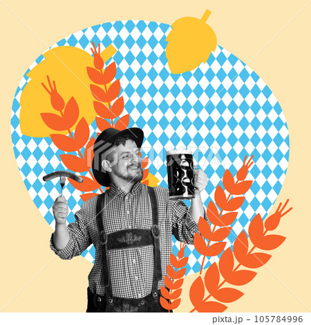Cheerful man holding mug with beer and grilles sausage. Drink and appetizer. Contemporary art collage. 105784996