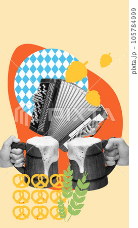 Wooden beer mugs with foamy drink clinking over accordion playing. Cheerful party. Contemporary art collage. 105784999