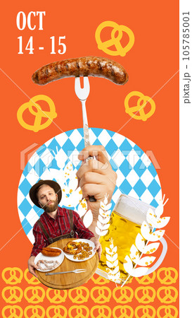Festive beer time. Bavarian waiter serving beer and appetizers, grilled sausages and pretzels. Contemporary art collage. 105785001
