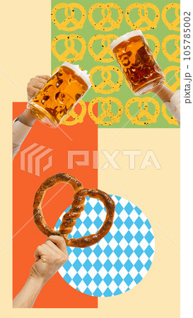 Mugs with lager beer and pretzel appetizers. Best taste of traditional drink. Contemporary art collage. 105785002