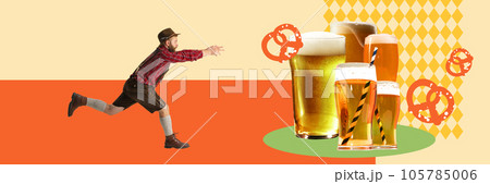 Beer tim. Mna in bavarian clothes running to mugs with foamy lager beer. Contemporary art collage. 105785006
