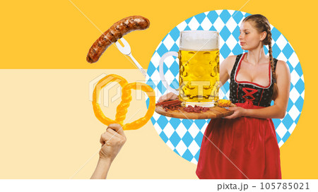 Beautiful young woman, waitress in german pub serving beer and appetizers. Contemporary art collage. 105785021