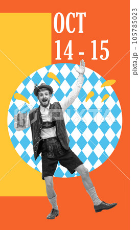 Cheerful bavarian man in traditional clothes cheering people to visit autumn beer fest. Contemporary art collage. 105785023