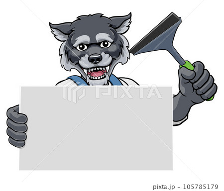 Window Cleaner Wolf Dog Car Wash Cleaning Mascot Window Cleaner Wolf Dog Car Wash Cleaning Mascot 105785179