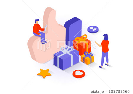 Social media concept in 3d isometric design. People likes popular posts, sharing content, manage online profiles, get gifts from influencers. Vector illustration with isometry scene for web graphic Social media concept in 3d isometric design. People likes popular posts, sharing content, manage online profiles, get gifts from influencers. Vector illustration with isometry scene for web graphic 105785566