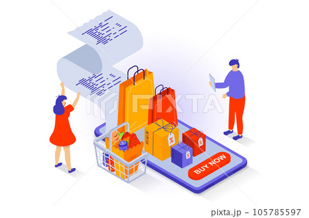 Online shopping concept in 3d isometric design. People making purchases at sale in store mobile app, ordering and getting digital receipt. Vector illustration with isometry scene for web graphic Online shopping concept in 3d isometric design. People making purchases at sale in store mobile app, ordering and getting digital receipt. Vector illustration with isometry scene for web graphic 105785597