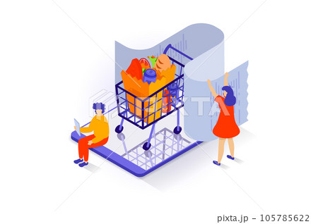 Online shopping concept in 3d isometric design. People making order of food in supermarket webpage, paying credit card and receiving receipt. Vector illustration with isometry scene for web graphic 105785622