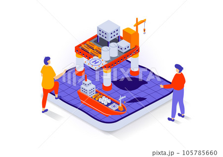 Oil industry concept in 3d isometric design. People at petroleum extraction factory with machinery platform for manufacturing and shipping. Vector illustration with isometry scene for web graphic Oil industry concept in 3d isometric design. People at petroleum extraction factory with machinery platform for manufacturing and shipping. Vector illustration with isometry scene for web graphic 105785660