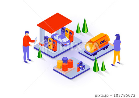 Oil industry concept in 3d isometric design. People at petrol filling station refueling car, workers transporting benzin and storage in barrels. Vector illustration with isometry scene for web graphic 105785672