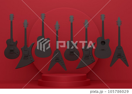 Acoustic guitars and drums with cymbals on podium on monochrome background. Acoustic guitars and drums with cymbals on podium on monochrome background. 105786029