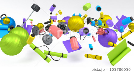 Flying and folling sport equipment like kettlebell, fitness ball and yoga mat 105786050