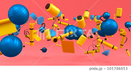Flying and folling sport equipment like kettlebell, fitness ball and yoga mat Flying and folling sport equipment like kettlebell, fitness ball and yoga mat 105786053