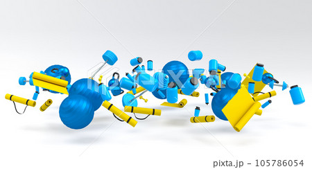 Flying and folling sport equipment like kettlebell, fitness ball and yoga mat Flying and folling sport equipment like kettlebell, fitness ball and yoga mat 105786054