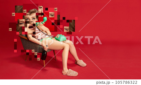 Emotional talk. Yung woman talking on phone and expressing various emotions on red background. Creative conceptual design. 105786322