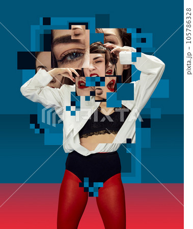 Stylish sensual woman expressing different feelings. Creative conceptual design. Inner world of woman 105786328