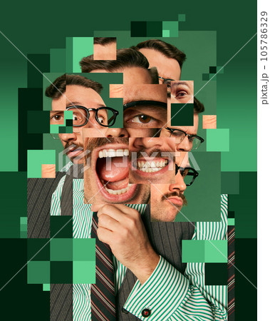 Businessman expressing various emotions on green background. Deadlines, thoughts, success. Creative conceptual design. Businessman expressing various emotions on green background. Deadlines, thoughts, success. Creative conceptual design. 105786329