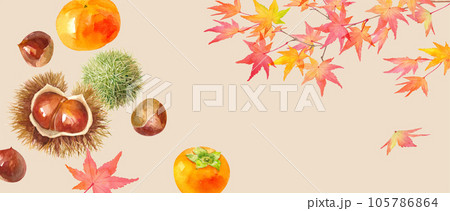 秋の味覚。柿と栗と紅葉で構成した秋のイメージバナー背景。水彩イラスト。ベクター。 105786864
