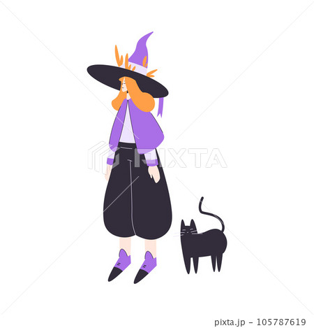 Happy Woman Character at Halloween Party Standing in Witch Costume with Black Cat Vector Illustration Happy Woman Character at Halloween Party Standing in Witch Costume with Black Cat Vector Illustration 105787619