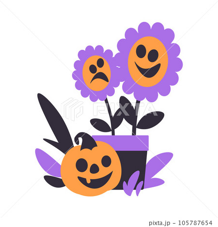 Flowers in Pot and Pumpkin as Halloween Trick or Treat Night Party Element Vector Illustration 105787654