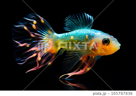 Small brightly colored goby fish isolated on black background Generative AI 105787836